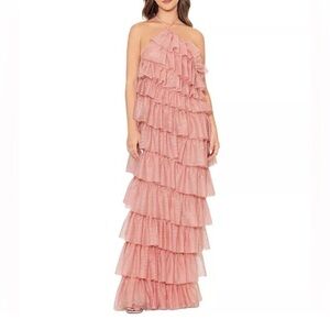 Betsy & Adam Blush Tiered Layered Ruffle Halter Neck Maxi Gown - Reemoly